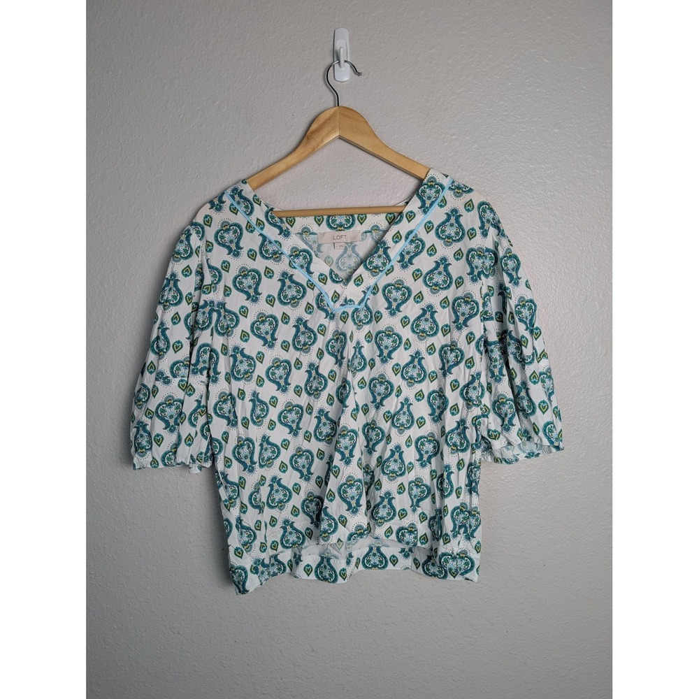 LOFT Blouse Womens L White Paisley V-Neck 3/4 Sleeve Cotton Rayon Lightweight - Picture 2 of 7